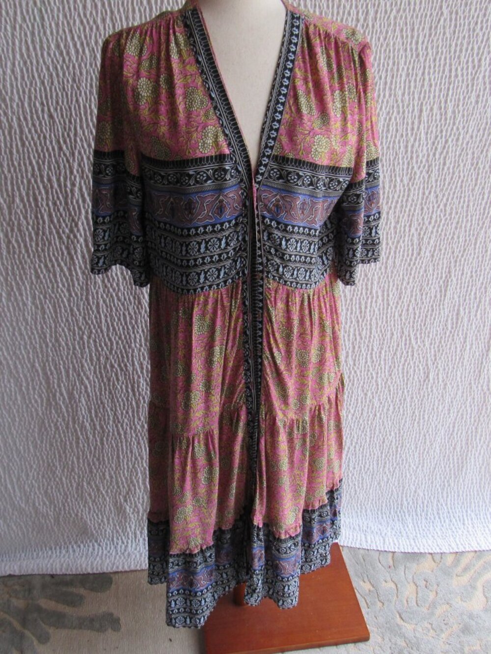 Sacred Threads Short Sleeve Dress Tiered Multicolor Boho Mix Print S/M Hippie